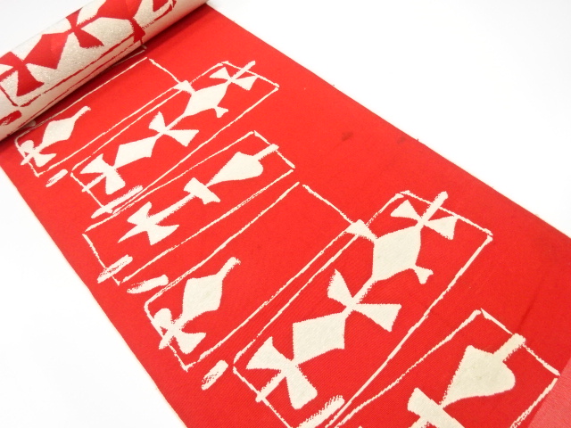 JAPANESE KIMONO / ANTIQUE BOLT FOR HASSUN OBI / WOVEN ABSTRACT PATTERN